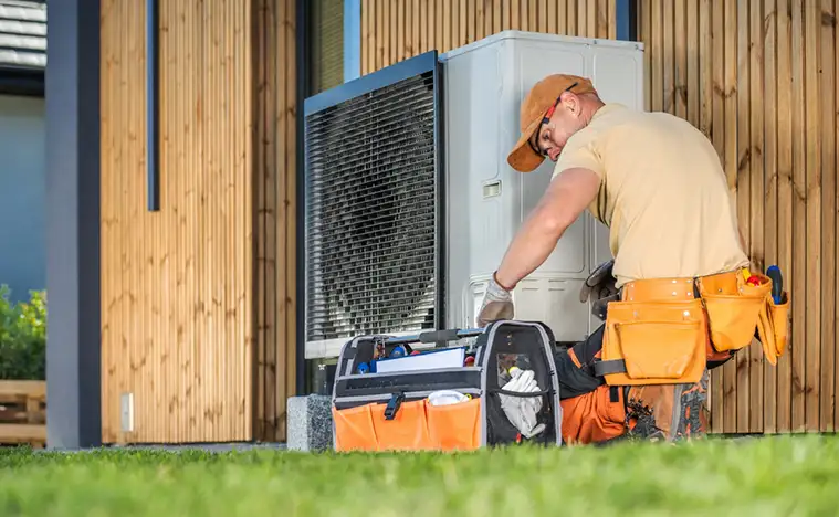 A maintenance worker working on an air conditioner.