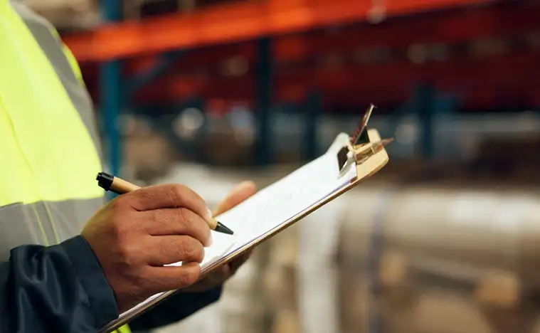 Clipboard, hands and inventory with person in warehouse for inspection